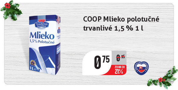 COOP Mlieko polotučné 
 trvanlivé 1,5 % 1 l